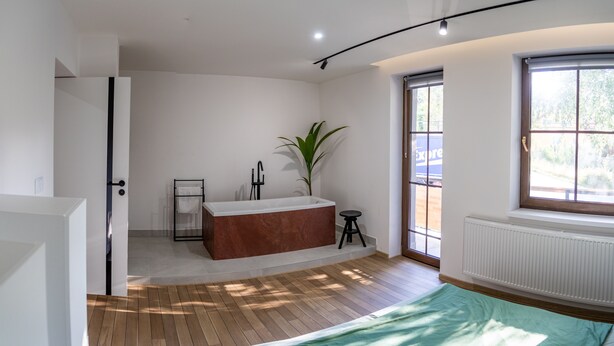 Ein modernes Schlafzimmer mit Holzboden, einem großen Fenster, einer Badewanne und einem Blumentopf.