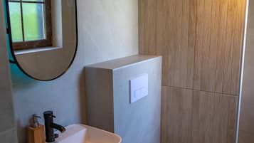 Shower, towels, soap, toilet paper