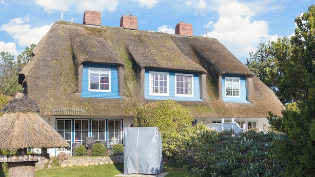 Ein Haus mit einem Strohdach, blauen Fensterrahmen und einer überdachten Außenfläche.