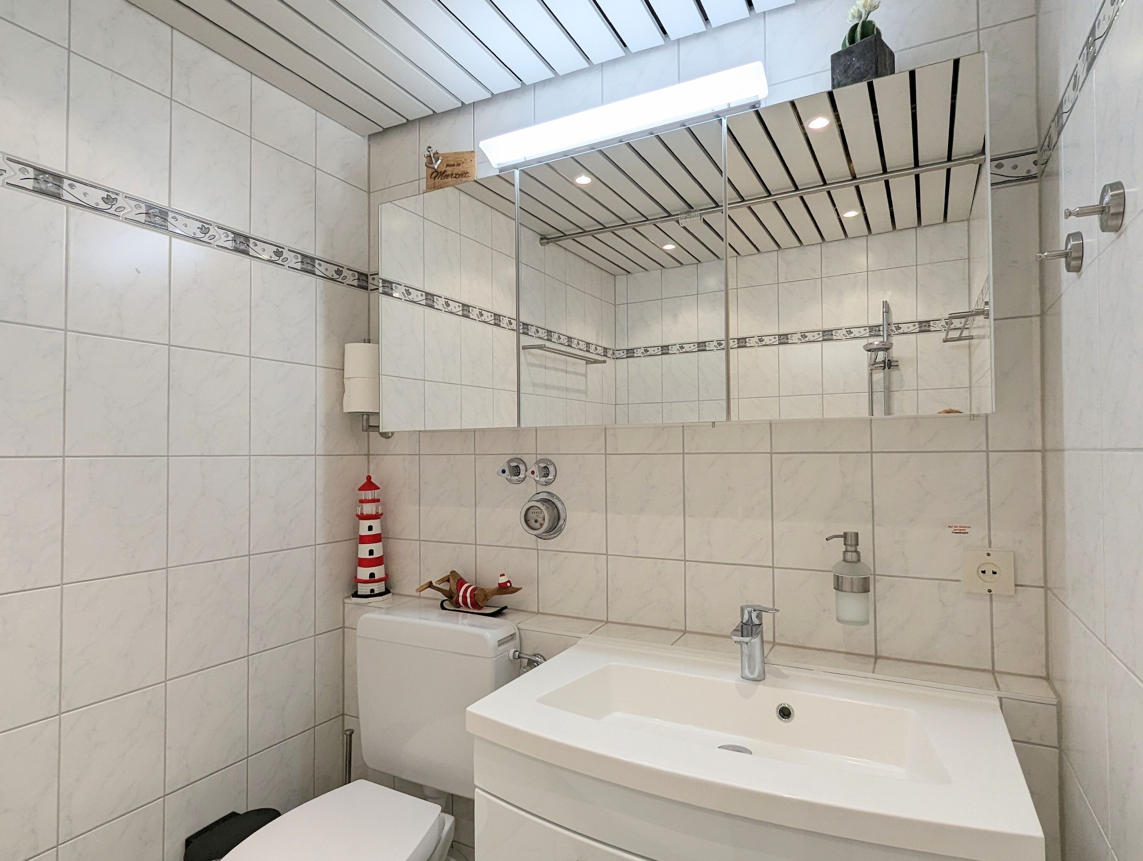 A modern bathroom with a toilet, sink, and mirror.