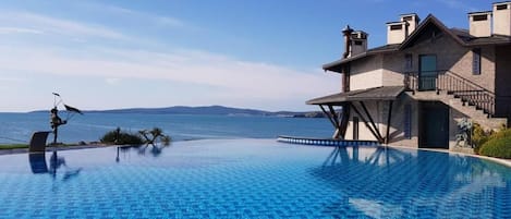 Seasonal outdoor pool, pool umbrellas, sun loungers