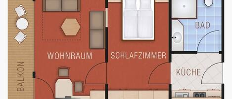 Ein Hotelzimmer mit Balkon, Wohnzimmer, Schlafzimmer, Bad und Küche.
