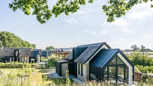 A modern house with a sloped roof, large windows, and a well-maintained garden.