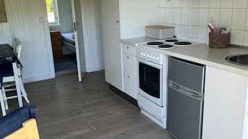Mini-fridge, oven, electric kettle, cookware/dishes/utensils