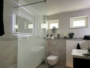 Shower, hair dryer, towels, soap - Holiday on the Moselle in the Klosterblick holiday home in Zell (Moselle) (Zell (Mosel))