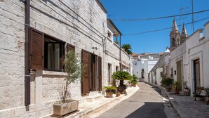 Une rue étroite bordée de bâtiments traditionnels en pierre, avec des volets en bois, des plantes en pot et un ciel d’un bleu éclatant.