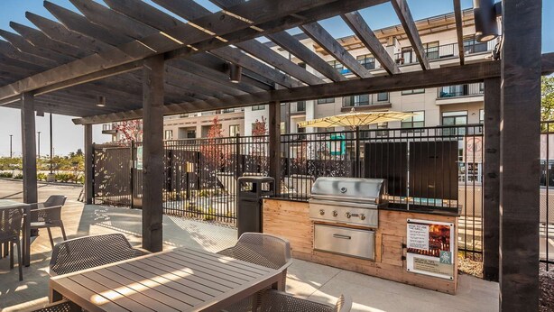 Une terrasse extérieure avec des tables et des chaises en bois, un barbecue et une structure en forme de pergola.