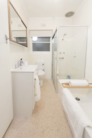Hair dryer, towels, soap, shampoo