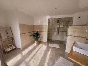 Regadera, toallas, jabón, papel de baño 