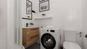 Shower, hair dryer, shampoo