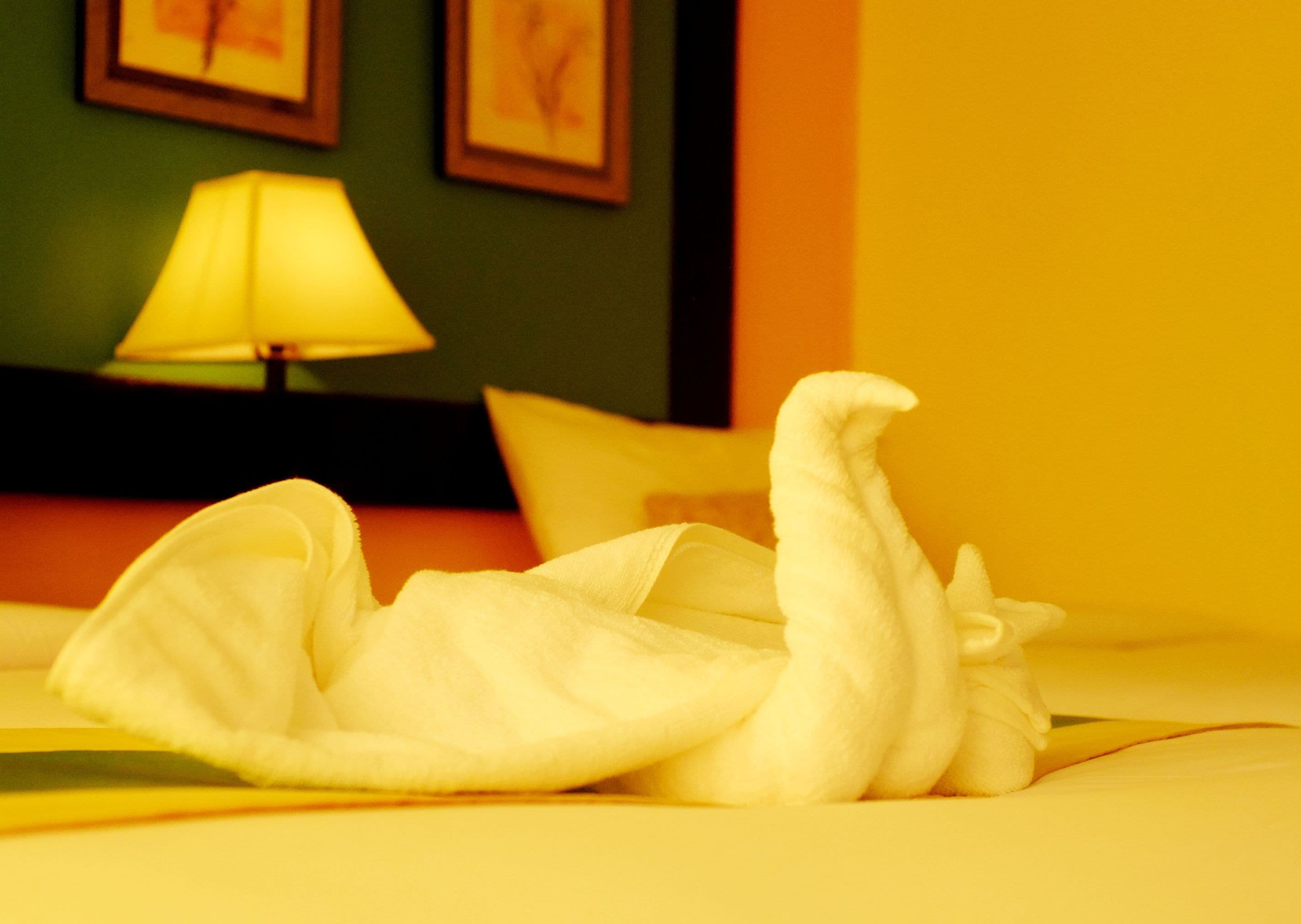 Ein Bett mit einer weißen Schwan-Handtuch-Arrangement.