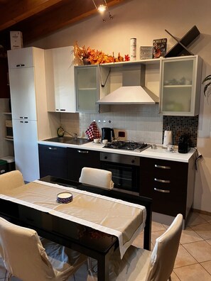 Frigorífico, microondas, horno y placa de cocina