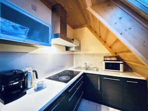 Apartamento Confort | Cocina básica privada | Frigorífico, microondas, placa de cocina y lavavajillas