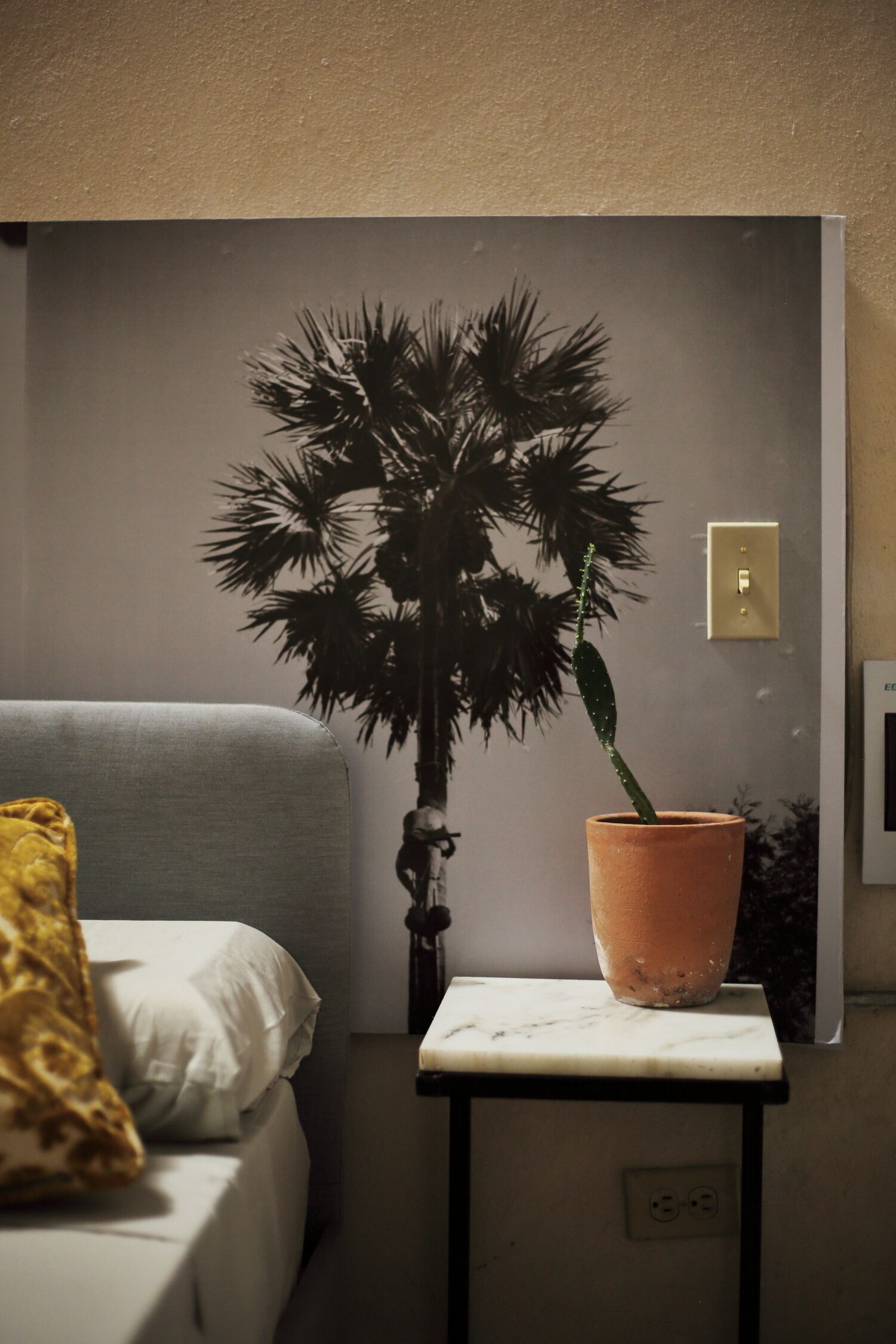 A bed with a white pillow and a yellow throw blanket, a small table with a potted plant, and a wall-mounted light switch.