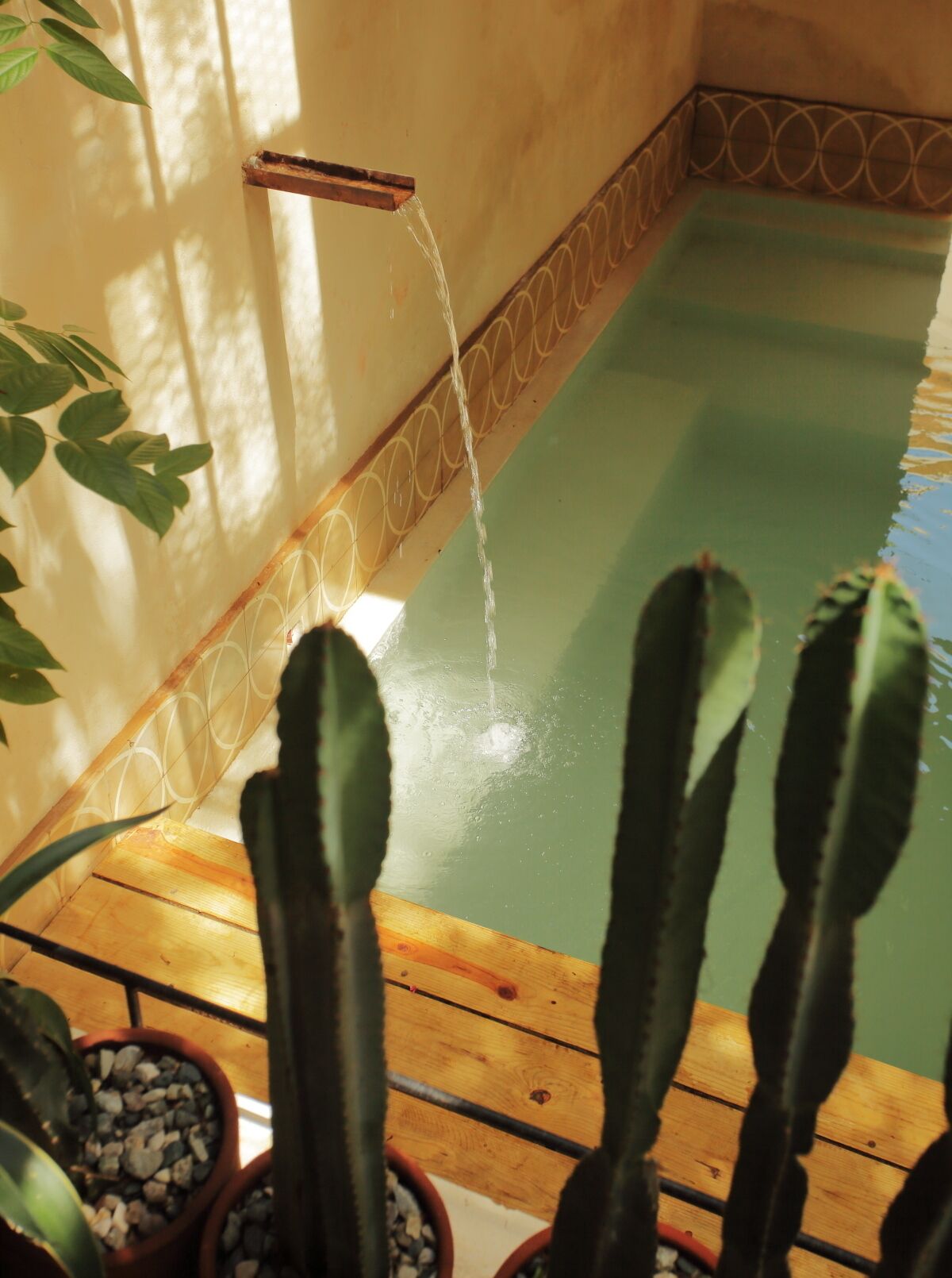 A pool with a water spout, surrounded by potted plants and wooden decking.