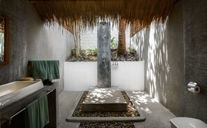Une salle de bain équipée d’une douche, d’une baignoire, d’un porte-serviettes et d’un petit pot de fleurs avec des plantes.