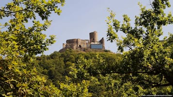 Un château historique perché sur une colline, avec un imposant donjon, et entouré d’un luxuriant feuillage verdoyant.