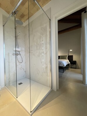 Shower, hair dryer, bidet, towels