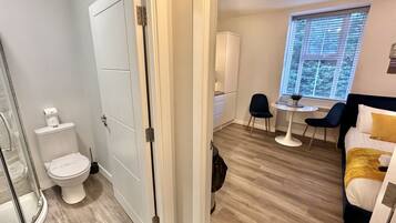 Shower, hair dryer, towels, toilet paper