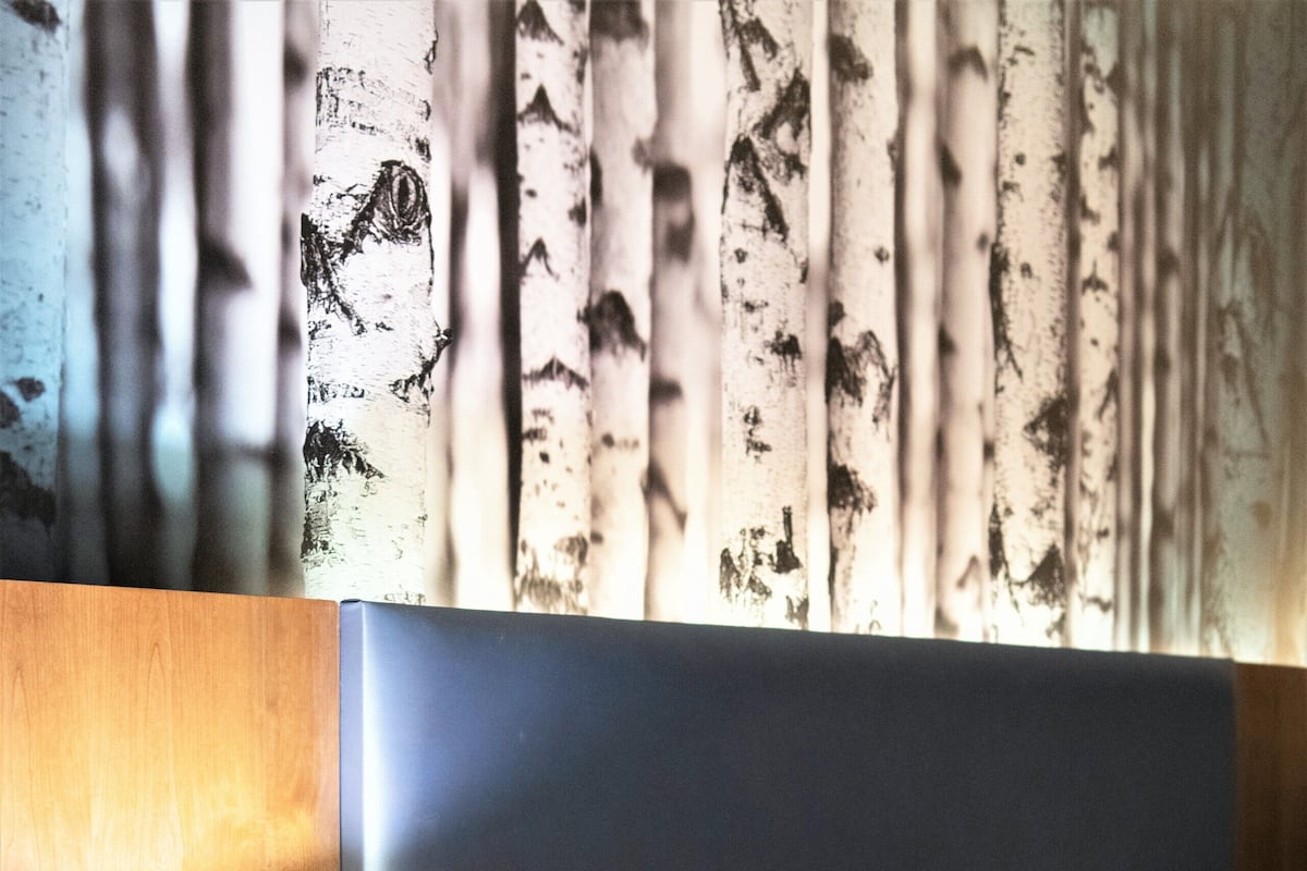 Een hotelkamer met een houten nachtkastje, een zwarte lamp, een bed met witte beddengoed en gordijnen met een berkenboommotief.