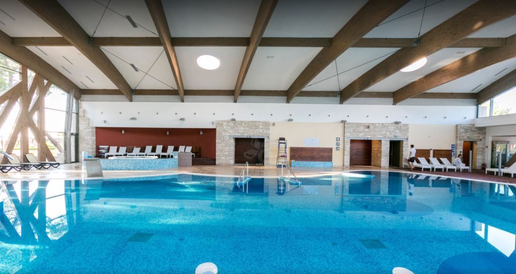 Une piscine intérieure avec un mur en pierre, des poutres en bois et des espaces baignés de lumière naturelle.