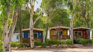 Two cabins with wooden railings and numbered doors, surrounded by trees and shrubs.