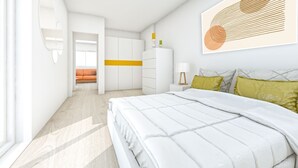 Une chambre moderne avec un grand lit, une table de chevet avec une lampe, une armoire et une porte donnant sur une autre pièce.