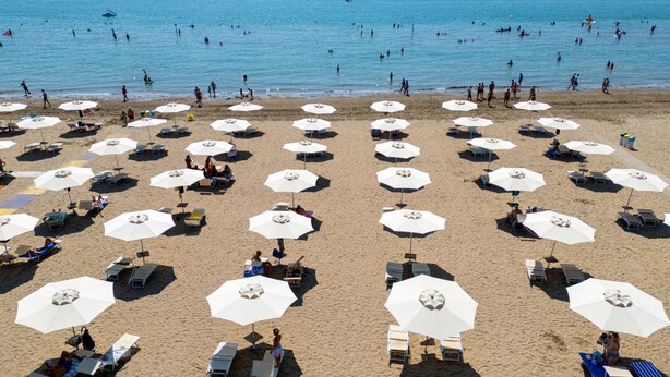 Une plage bordée de rangées de transats et de parasols, un ciel dégagé et l’océan en toile de fond.