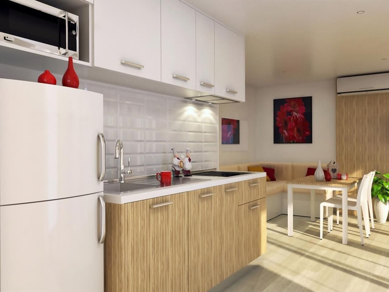 A modern kitchen with white cabinets, a wooden countertop, and a dining area with a white table and chairs.