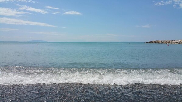 A beach with calm water, a rocky shoreline, and a clear sky.