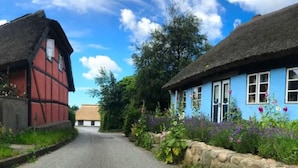 Eine schmale Straße, gesäumt von traditionellen Häusern mit Strohdächern, eines rot und das andere blau, umgeben von üppigem Grün und blühenden Pflanzen.