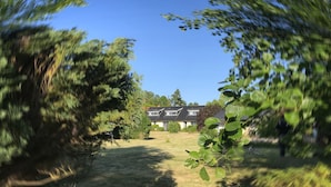 Ein Haus mit geneigtem Dach, umgeben von einem gepflegten Rasen und Bäumen.
