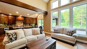 TV, fireplace, books, offices