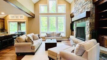 TV, fireplace, books, offices