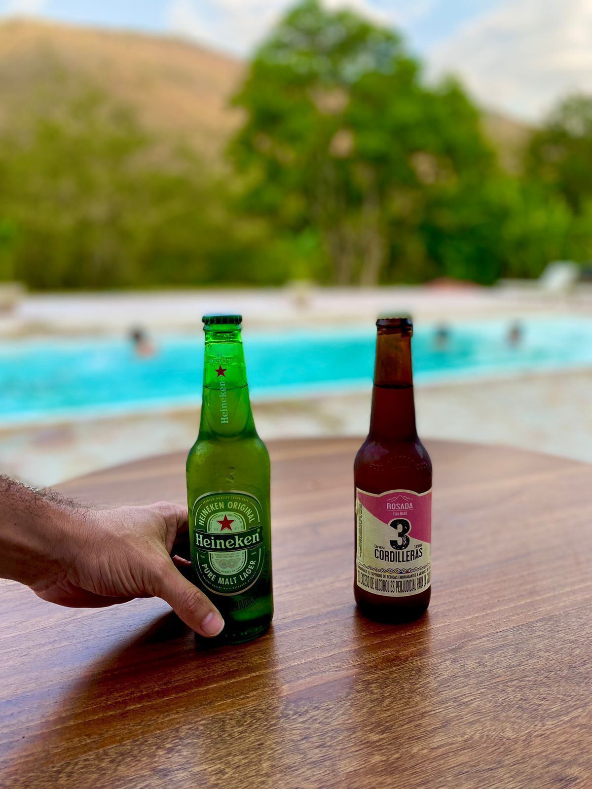 Dos botellas de cerveza sobre una mesa de madera, con una piscina y una playa al fondo.