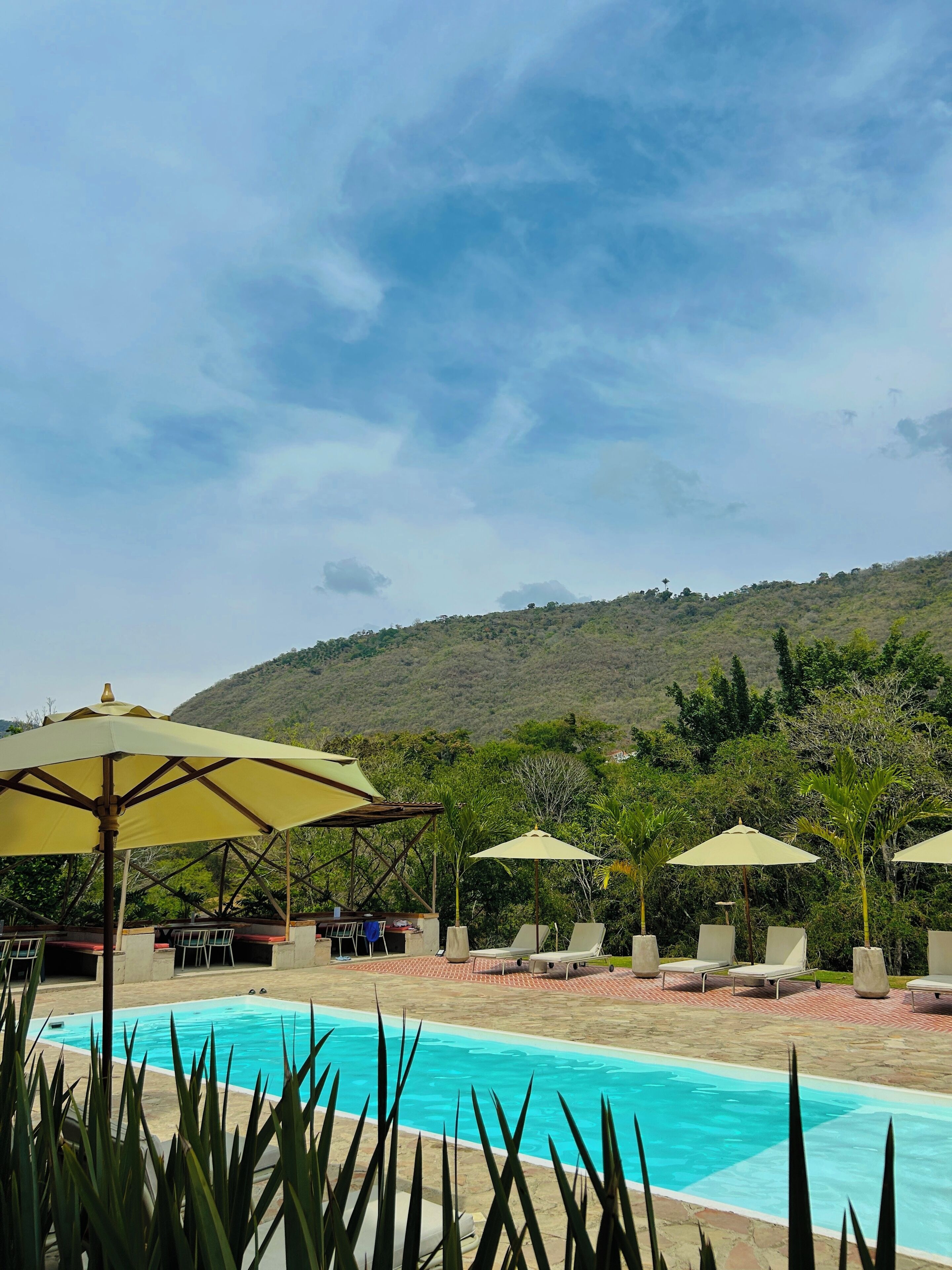 Zona de piscina con sillones de descanso y sombrillas, rodeada de vegetación y un paisaje montañoso.