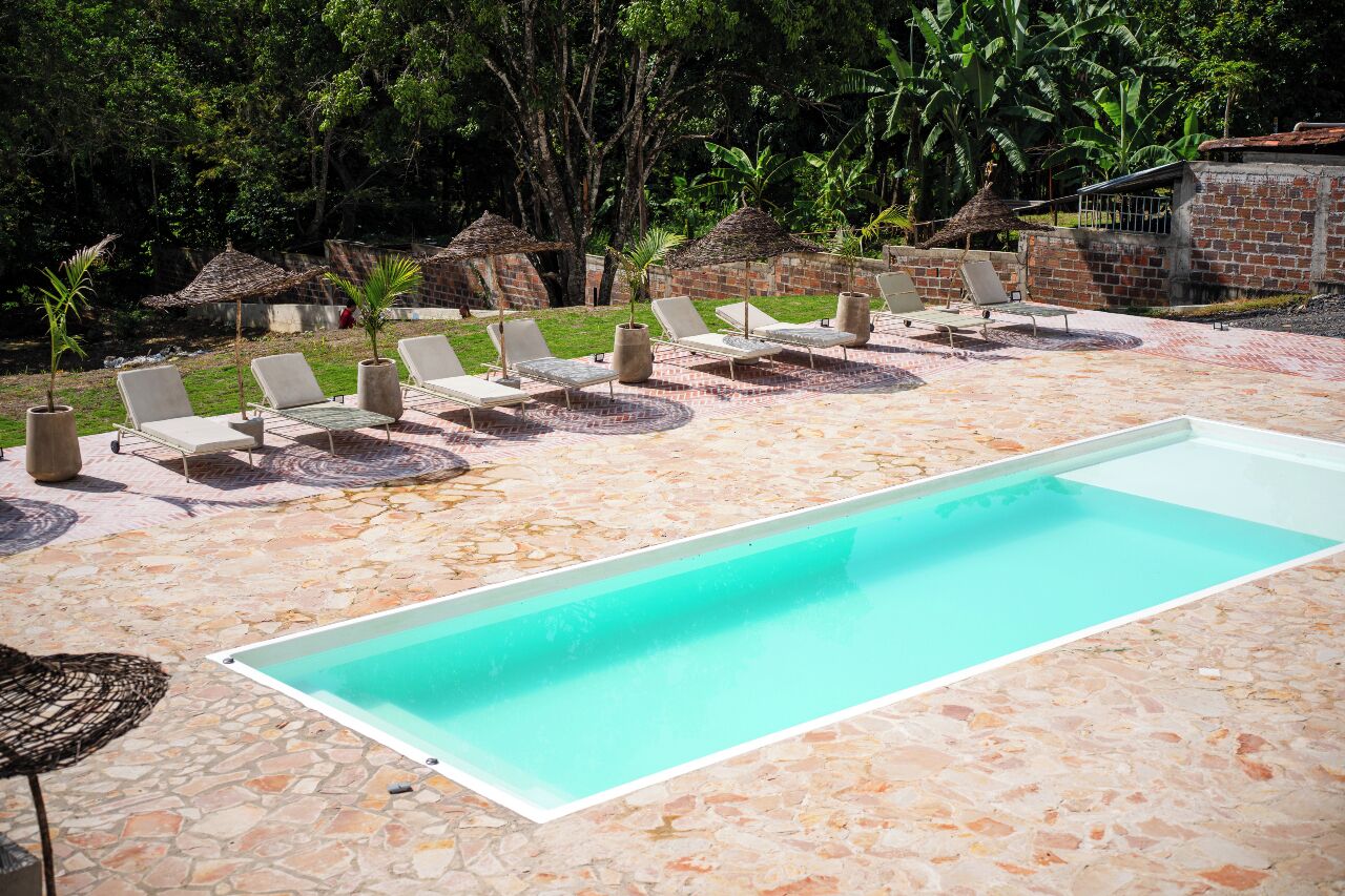A swimming pool with lounge chairs and umbrellas, surrounded by a stone patio and lush greenery.