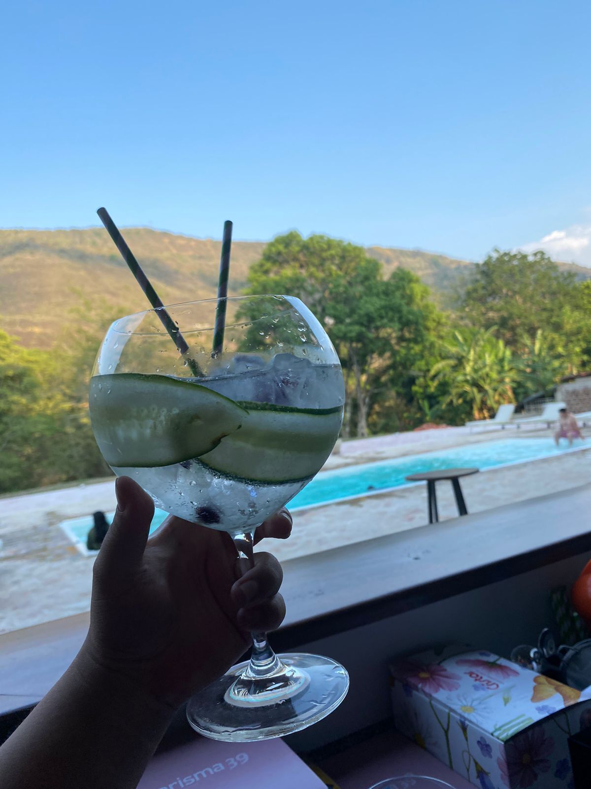 A hand holding a glass with ice and cucumber slices, with a pool and mountains in the background.