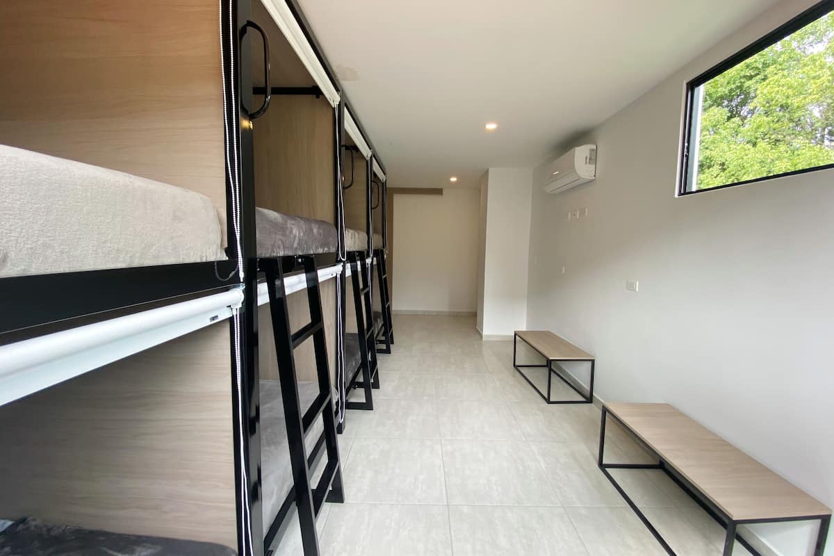 A modern hotel room with bunk beds, a bench, and a window with a view of trees.