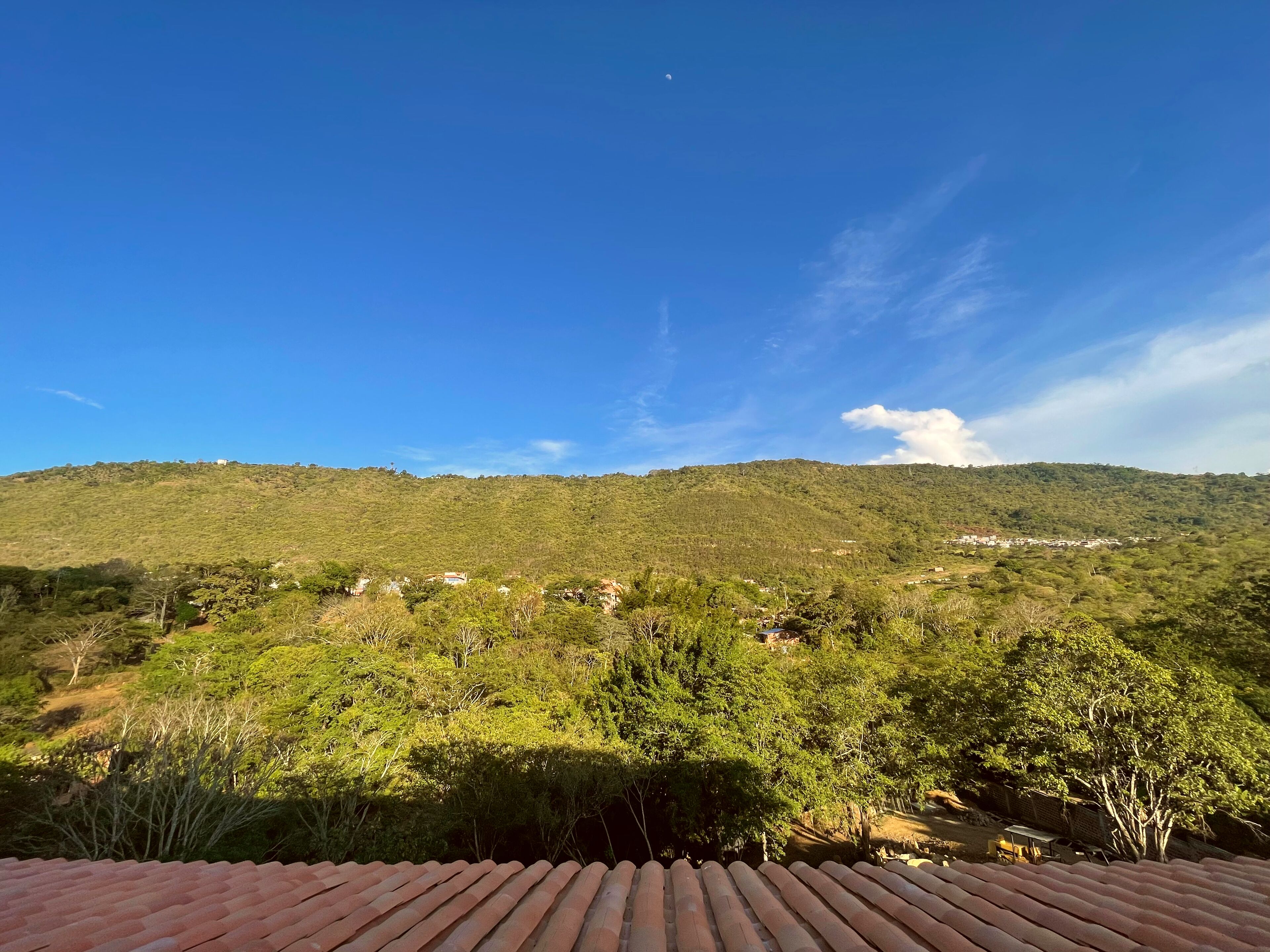 A view of a hillside with scattered buildings, a clear sky, and a tiled roof in the foreground.