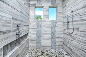 Hair dryer, towels, soap, toilet paper