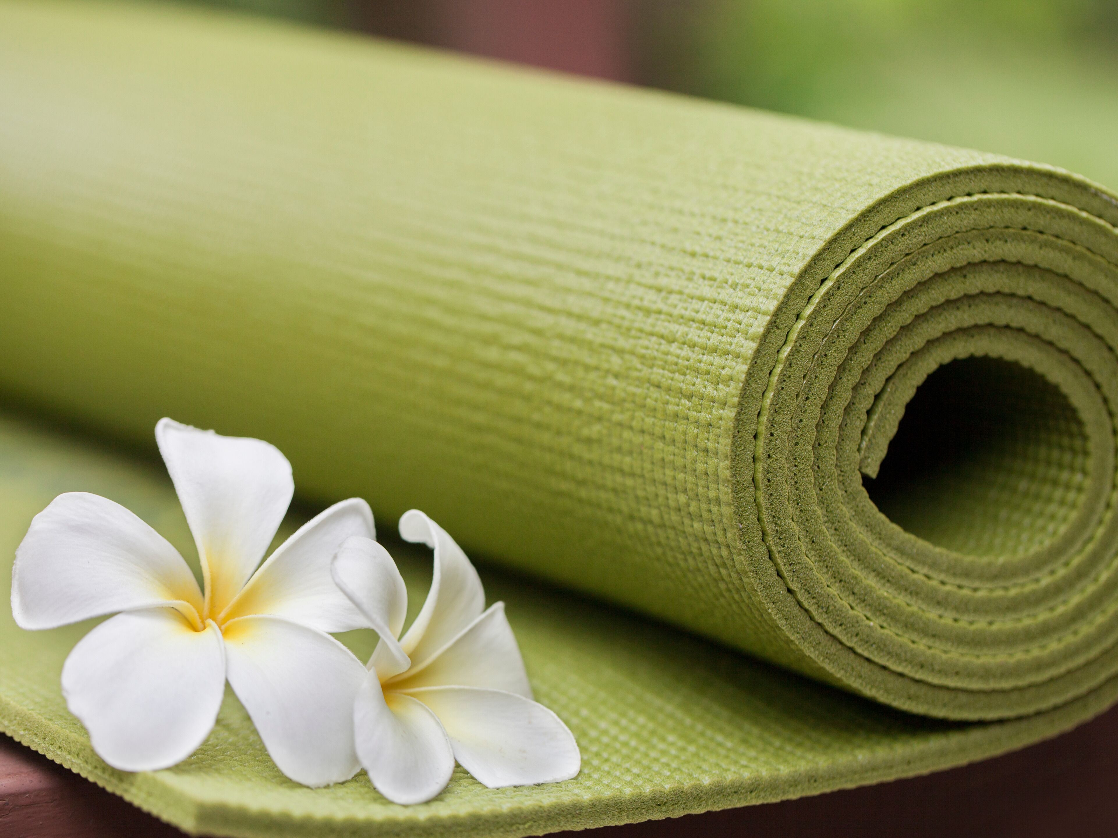 A rolled yoga mat and two white flowers on a green surface.