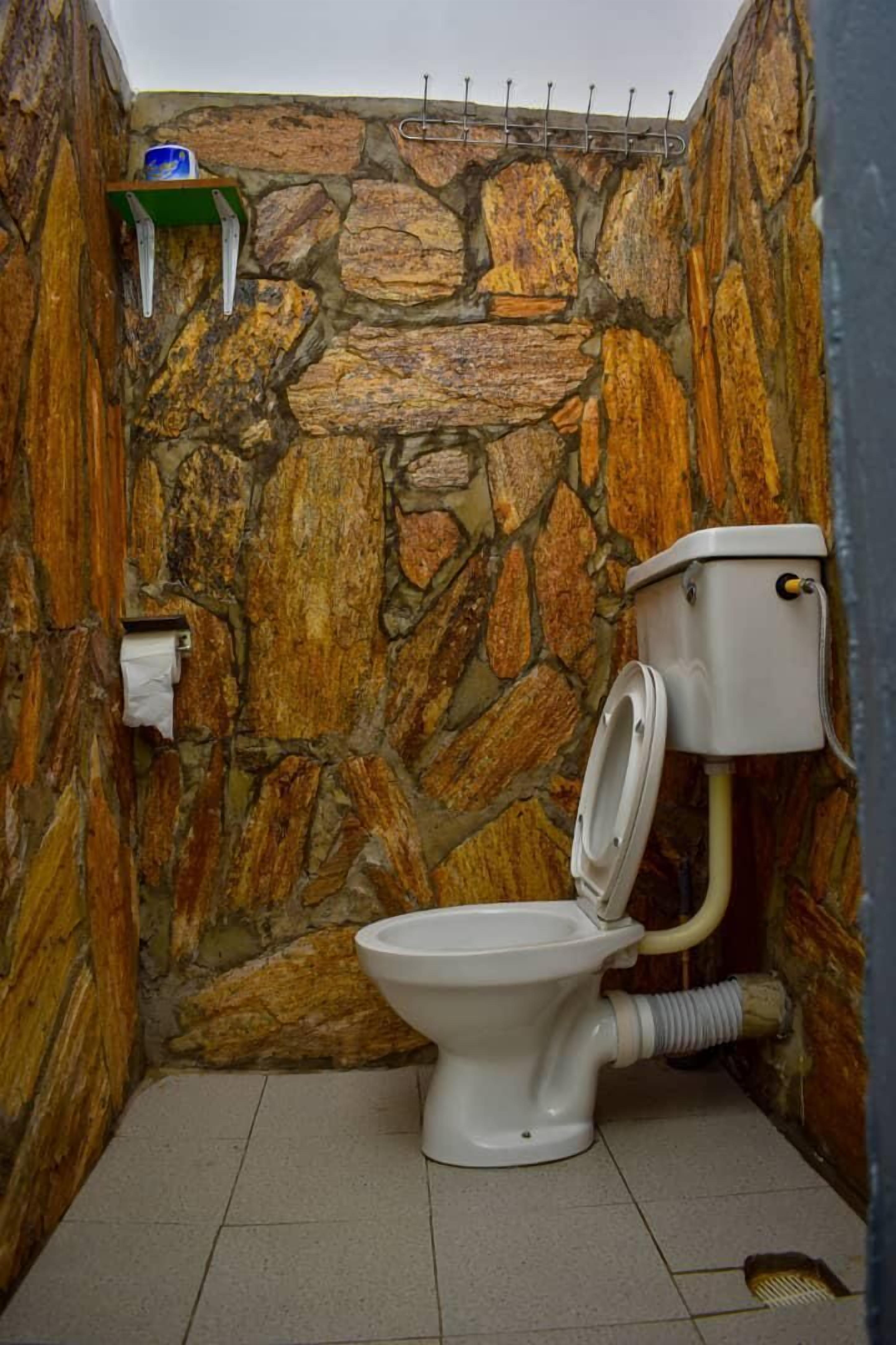 Une salle de bain avec un mur en pierre, des toilettes, un porte-serviettes en papier et une étagère.