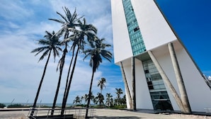 Un edificio moderno con fachada blanca y amplios ventanales de vidrio, rodeado de palmeras.
