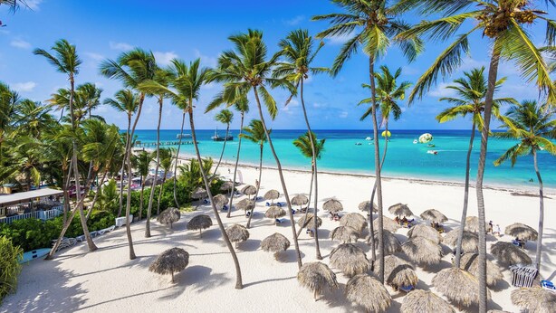 Une plage bordée de palmiers, dotée de parasols en chaume et baignée par une mer d’un bleu limpide.