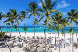 On the beach, sun-loungers, beach towels
