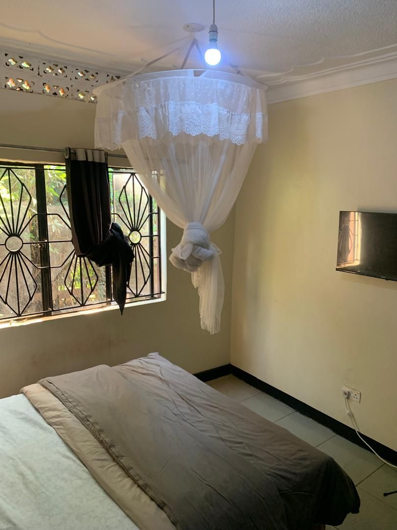 A bedroom with a bed, a mosquito net, a TV, and a window with a curtain.