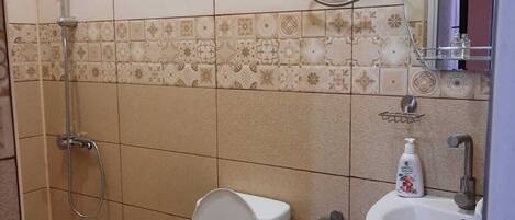 A bathroom with a toilet, a sink, a shower, and a mirror.