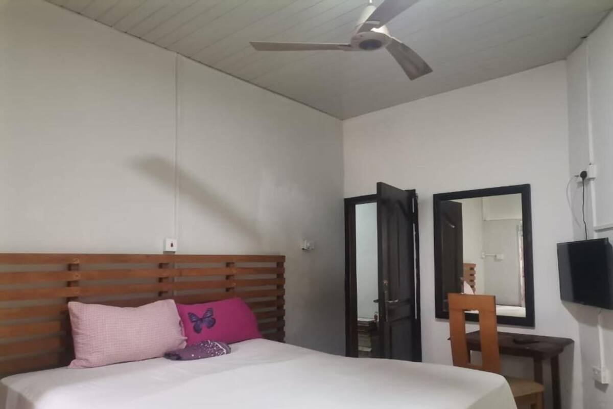 Een slaapkamer met een bed, een plafondventilator, een spiegel en een televisietoestel.