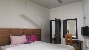Un dormitorio con cama, ventilador de techo, espejo y televisor.